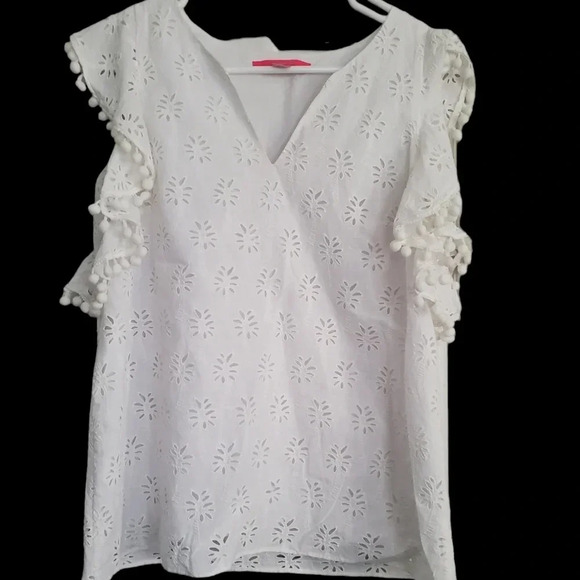 LILLY PULITZER ASTARA PALM TREE EYELET BLOUSE, SIZE SMALL - Picture 2 of 5